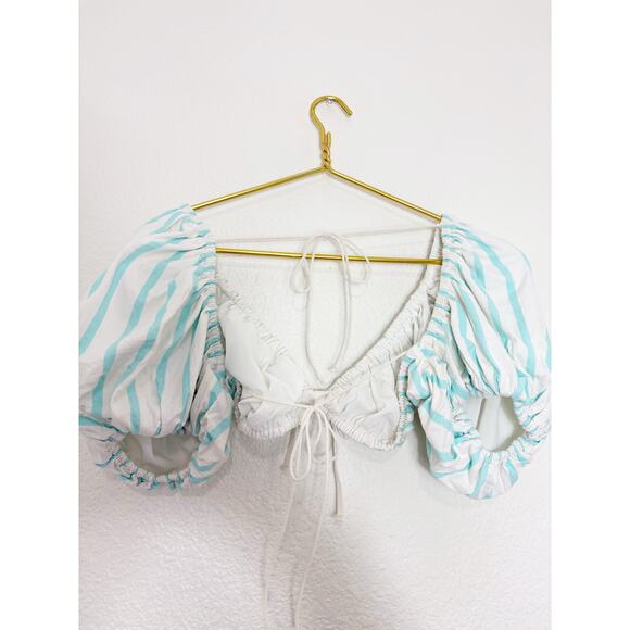 For Love & Lemons Myla Crop Top Size Large Tie Back Striped Puff Sleeve Preppy - Picture 10 of 12